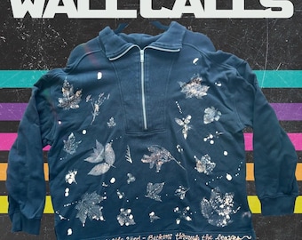 OTGW Bleach Dye Sweatshirt – Nature Leaf Print, Quarter-Zip, Handmade Upcycled Apparel
