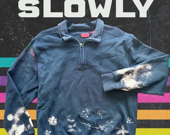 Bleach Dye Sweatshirt – Nature Leaf Print, Quarter-Zip, Handmade Upcycled Apparel