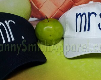 Mr & Mrs ball caps. His / Hers Trucker hats. Custom embroidered. Bride / groom. Many fonts / colors. Matching opposites. Wedding gift.