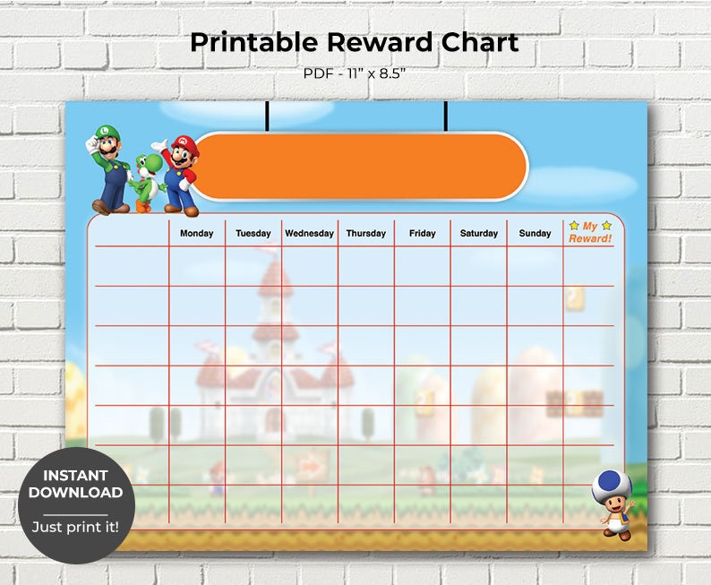 Printable Mario Bros Reward Chart, Potty Training Chart, Children's Sticker Chart, Toddler Reward Chart, INSTANT DOWNLOAD