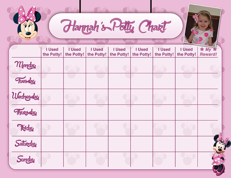 May include: A pink and white Minnie Mouse themed potty training chart with a grid of squares for each day of the week. The chart has the text "Hannah's Potty Chart" at the top and "I Used the Potty!" written across the top of each column. There is a picture of a little girl in the top right corner and a picture of Minnie Mouse in the bottom right corner.