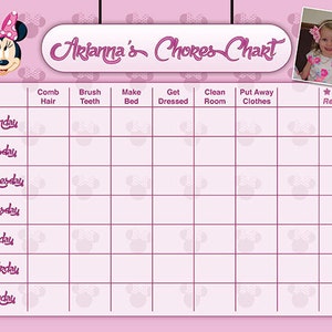 May include: A pink and white chore chart featuring a Minnie Mouse theme. The chart has a space for each day of the week and a column for each chore: comb hair, brush teeth, make bed, get dressed, clean room, and put away clothes. There is also a space for a reward.