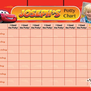 May include: A red and yellow potty training chart with a cartoon car on the top left corner and a cartoon car on the bottom right corner. The chart has a grid with days of the week listed on the left side and "I Used the Potty!" written across the top. The chart also has a space for a reward sticker.
