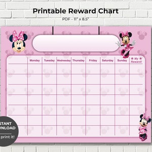 Op de afbeelding: Printbare beloningskaart met een roze achtergrond en een Minnie Mouse-personageontwerp. De kaart is verdeeld in zeven kolommen voor elke dag van de week, met een ruimte voor een beloning aan het einde. De kaart is 28 cm bij 21,5 cm.