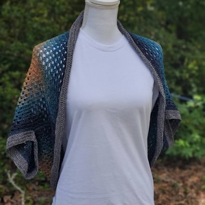 Handmade Granny Square Crochet Shrug: Gray, Teal & Gold