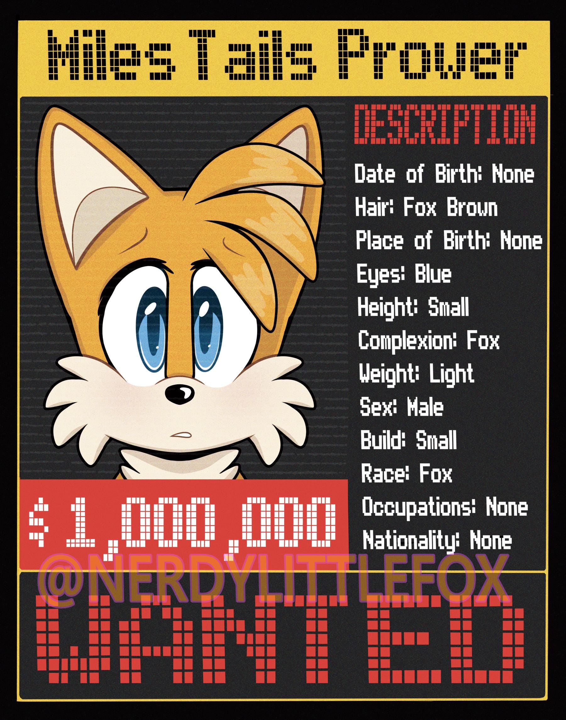 Miles Tails Prower Wanted Poster 11 X 14 Sonic Adventure 2 Print