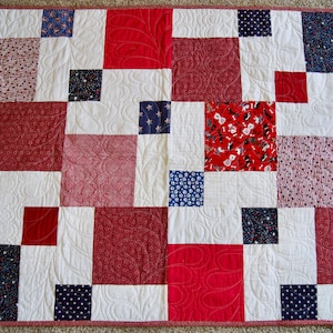 Patriotic Rectangle and Square Design – LAP or BABY QUILT – Red, White & Blue