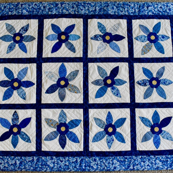 Flowers in Squares – LAP QUILT – Blue & White