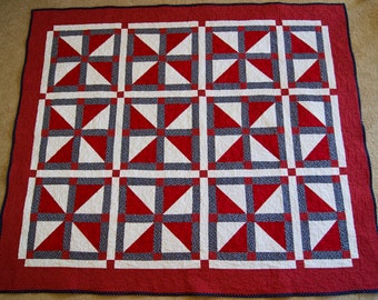 Patriotic Pinwheels in Squares – LAP QUILT – Red White and Blue