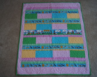 Pastel Rectangles with Spring Garden and Animal - BABY QUILT – Pink and Blue