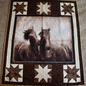 Horses & Stars Pattern – LAP QUILT – Brown and Beige