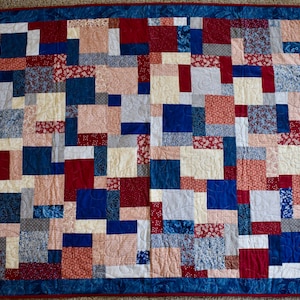 Scrappy Square Design – LAP QUILT – Blue, Grey & Red