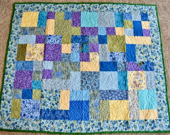 Scrappy Square Design – LAP QUILT – Blue, Yellow & Green