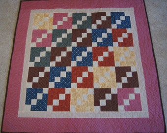 Squares on the Diagonal Design – LAP QUILT – Rust and Multi-Colored