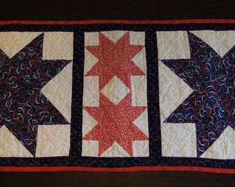 Patriotic Blue and Red Stars Design – QUILTED TABLE RUNNER – Red, White & Blue