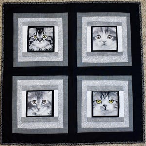 Cats in Squares Pattern – QUILTED WALL HANGING – Black & White