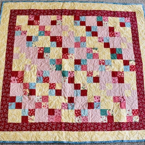 Four Patch Scrappy Squares Design – LAP QUILT – Red, Yellow & Teal