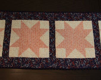 Patriotic Red Stars Design – QUILTED TABLE RUNNER – Red, White & Blue