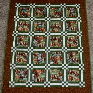 Horses in Squares Pattern – LAP QUILT – Brown and Green