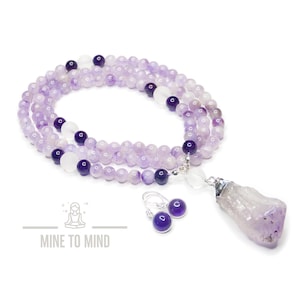 Amethyst Gemstone Jewellery Set | Zen Mala | 925 Sterling Silver Amethyst Earrings | Ligh Amethyst | Clera Quartz Matt | Amethyst Pendant |