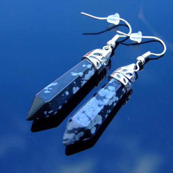 Snowflake Obsidian Natural Gemstone Earrings Drop Quartz Crystal Chakra Healing Stone Reiki With Pouch