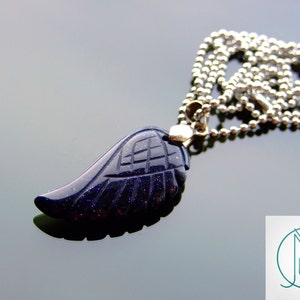 Blue Goldstone Manmade Gemstone Angel Wing Pendant Necklace Chakra Healing Stone