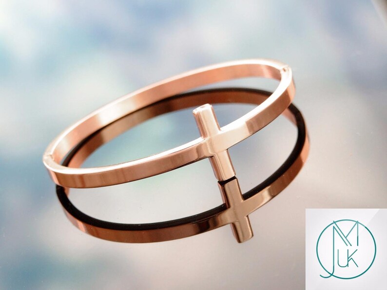Modern Stainless Steel Rose Gold Tone Sideways Cross Cuff Bangle Bracelet With Gift Pouch