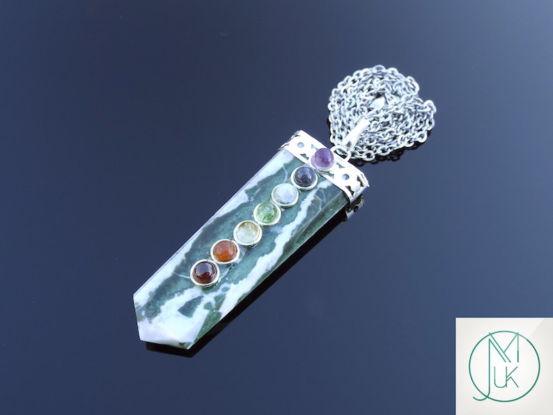 Green Zebra Agate 7 Chakra Flat Natural Gemstone Pendant Necklace 50cm Healing Stone With Pouch Free Uk Shipping