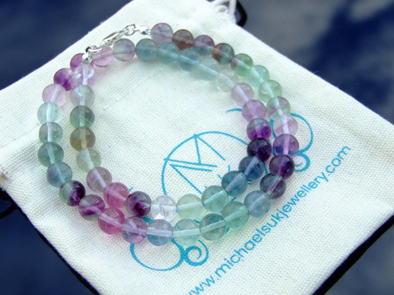 Aa Grade Multi Fluorite Natural Gemstone Necklace 8mm Beaded Silver 16-30inch Healing Stone Chakra Reiki With Pouch FREE UK SHIPPING