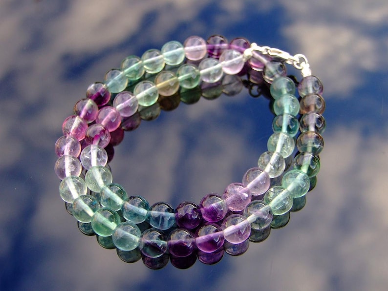 Aa Grade Multi Fluorite Natural Gemstone Necklace 8mm Beaded Silver 16-30inch Healing Stone Chakra Reiki With Pouch FREE UK SHIPPING