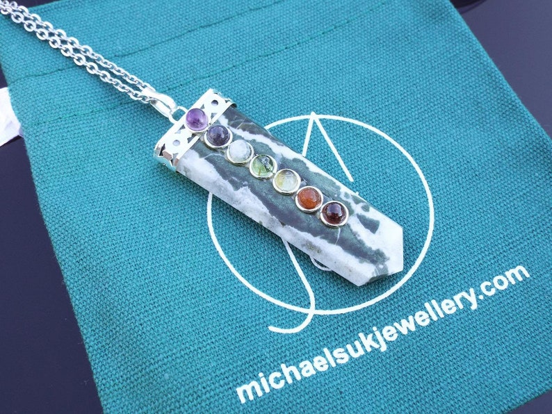 Green Zebra Agate 7 Chakra Flat Natural Gemstone Pendant Necklace 50cm Healing Stone With Pouch Free Uk Shipping