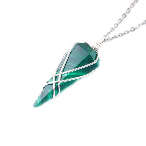 Malachite Natural Gemstone Point Pendulum Necklace Dowsing Crystal Dowser Scrying Reiki Chakra Healing FREE UK SHIPPING
