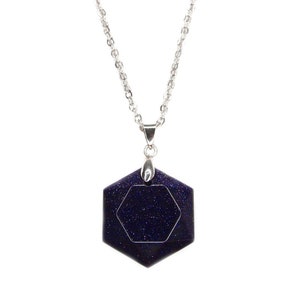 Necklace Blue Goldstone Hexagon Manmade Pendant