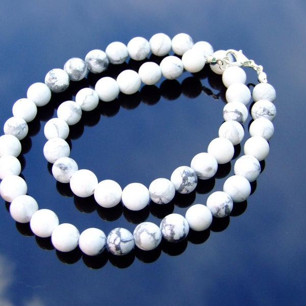 White Howlite Natural Gemstone Necklace 8mm Beaded Silver 16-30inch Healing Stone Chakra Reiki With Pouch