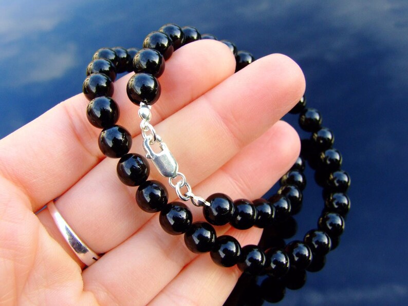 Black Tourmaline Natural Gemstone Necklace 8mm Beaded Silver 16-30inch Healing Stone Chakra Reiki With Pouch FREE UK SHIPPING