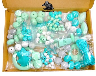 Silicone Teething Beads Set Mint Turquoise Over 140 Beads Cord