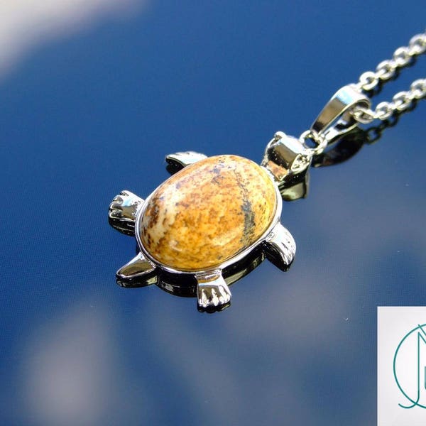 Picture Jasper Turtle Manmade Gemstone Pendant Necklace 50cm Chakra Healing Stone With Pouch FREE UK SHIPPING