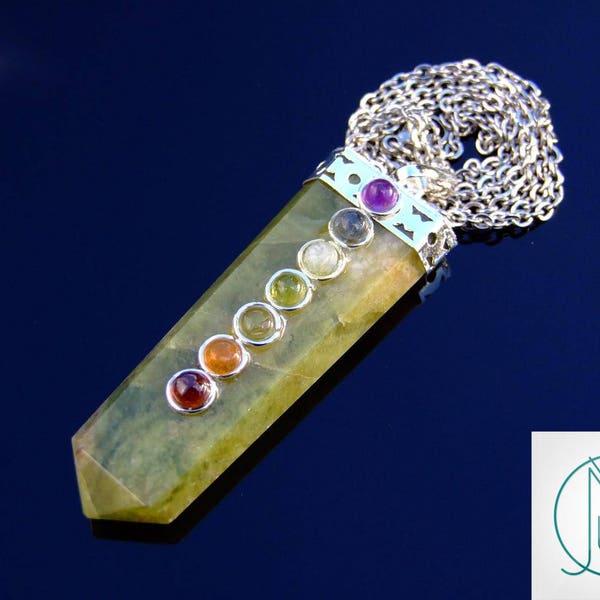 Vesuvianite 7 Chakra Flat Natural Gemstone Pendant Necklace 50cm Healing Stone With Pouch