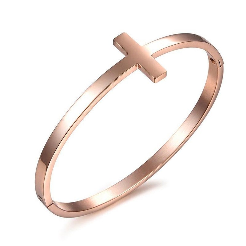 Modern Stainless Steel Rose Gold Tone Sideways Cross Cuff Bangle Bracelet With Gift Pouch