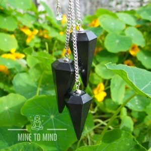 May include: Three black crystal pendulums with silver chains hang against a backdrop of green leaves and yellow flowers. Each pendulum has a faceted, pointed shape. The image includes the text "MINE TO MIND".
