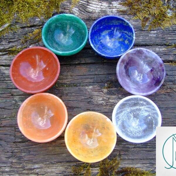 Crystal 7 Chakra 2'' Hand Carved Bowls Natural Gemstones Chakra Reiki Healing Meditation Stone