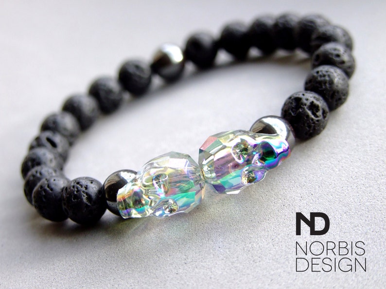 Men's Lava/hematite Shine Double Skull Bracelet Swarovski Etsy