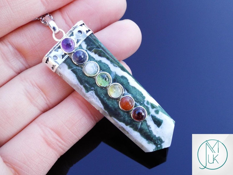 Green Zebra Agate 7 Chakra Flat Natural Gemstone Pendant Necklace 50cm Healing Stone With Pouch Free Uk Shipping