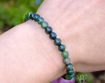 Moss Agate Bracelet l 6mm beads | Elasticated Bracelet | Moss Agate Gemstone Jewellery | Gift for him/her | Green Moss Agate | Handmade Uk