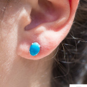 Turquoise Earrings Studs, Cabochon turquoise Jewelry 14k White gold 8x6 Oval Gemstone earrings image 1