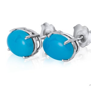 Turquoise Earrings Studs, Cabochon turquoise Jewelry 14k White gold 8x6 Oval Gemstone earrings image 5