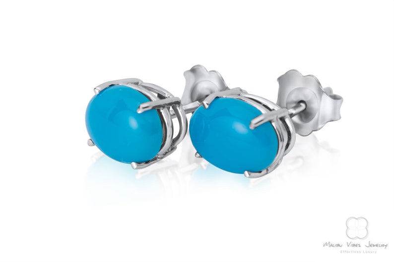 Turquoise Earrings Studs, Cabochon turquoise Jewelry 14k White gold 8x6 Oval Gemstone earrings image 5