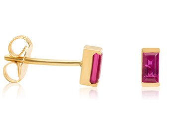 Ruby Stud Earrings, Baguette Cut Genuine Ruby Gemstone Earrings in 14k Gold Girlfriend Gift