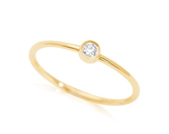 Diamond Solitaire Ring, Simple Promise Ring, Thin gold Bezel Set Diamond Band, Stacking Ring, April Birthstone