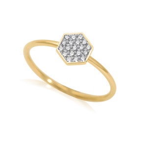 14k Gold Hexagon Diamond Ring, Micro Pave Honeycomb Diamond Ring, Anniversary Gift for Her